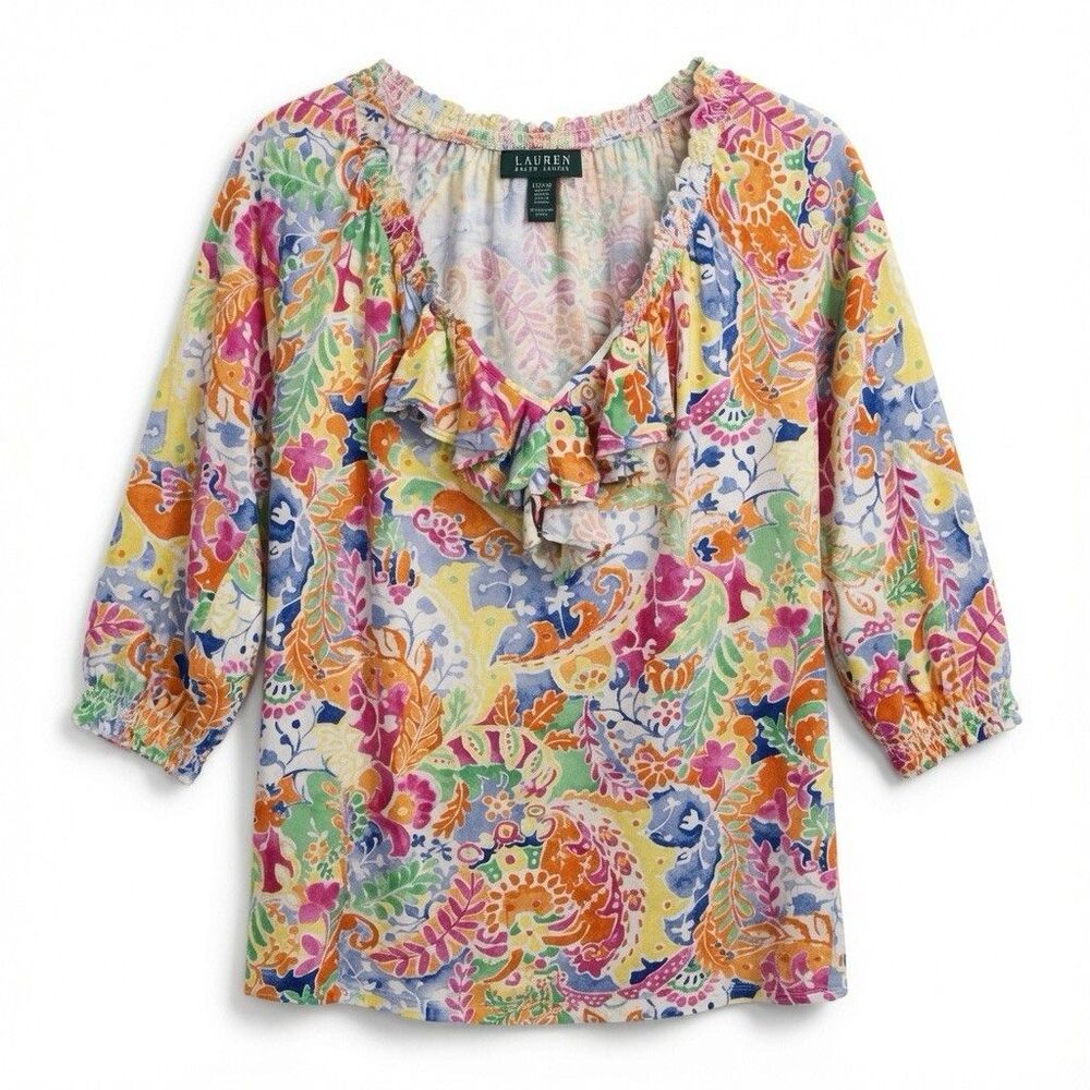 Ralph Lauren Colorful Ruffle Blouse Women’s XL 3/4 Sleeve V-Neck Floral Preppy